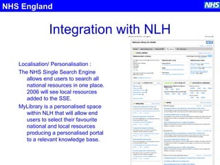 Integration with NLH
Localisation/ Personalisation :
The NHS Single Search Engine
allows end users to search all
national resources in one place.
2006 will see local resources
added to the SSE.
MyLibrary is a personalised space
within NLH that will allow end
users to select their favourite
national and local resources
producing a personalised portal
to a relevant knowledge base.
NHS England
 