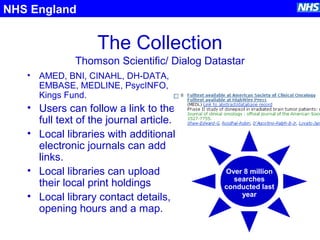 The Collection
• AMED, BNI, CINAHL, DH-DATA,
EMBASE, MEDLINE, PsycINFO,
Kings Fund.
• Users can follow a link to the
full text of the journal article.
• Local libraries with additional
electronic journals can add
links.
• Local libraries can upload
their local print holdings
• Local library contact details,
opening hours and a map.
NHS England
Thomson Scientific/ Dialog Datastar
Over 8 million
searches
conducted last
year
 