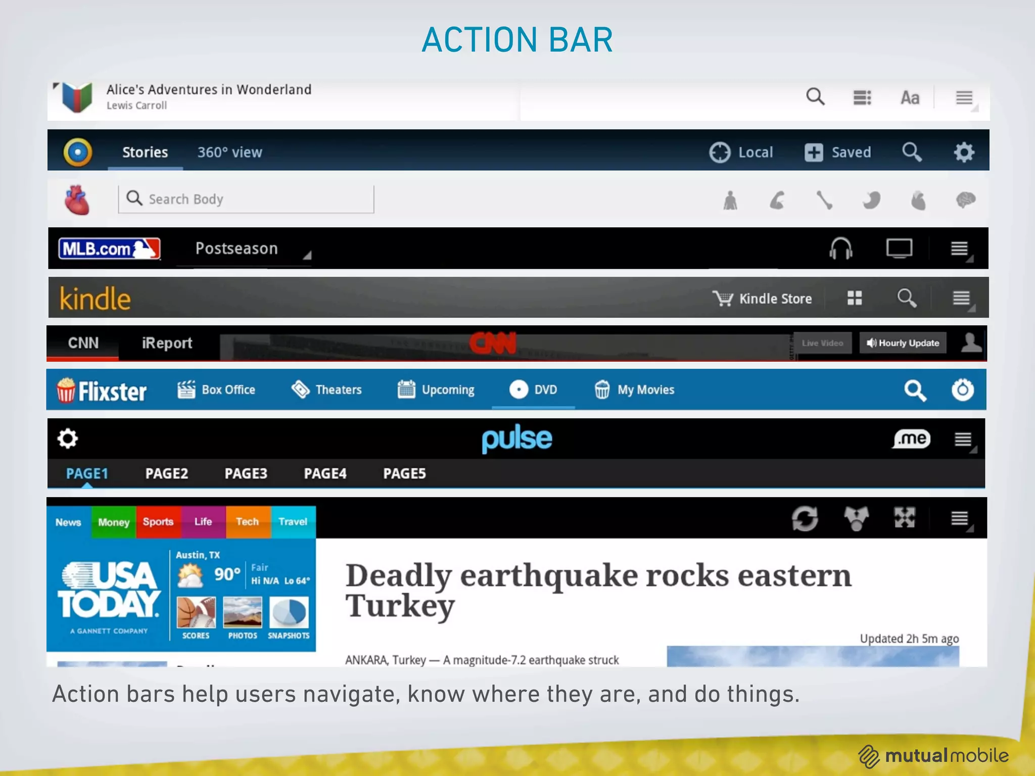 ACTION BAR




Action bars help users navigate, know where they are, and do things.
 
