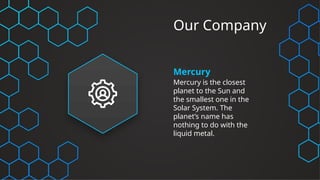 Our Company
Mercury
Mercury is the closest
planet to the Sun and
the smallest one in the
Solar System. The
planet’s name has
nothing to do with the
liquid metal.
 