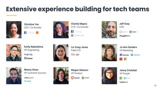 V1-23
© 2023 Hound Technology, Inc. All Rights Reserved. 16
16
Extensive experience building for tech teams
Christine Yen
CEO / Co-founder
Jenny Cristobal
VP People
Jeff Gray
COO
Charity Majors
CTO / Co-founder
Emily Nakashima
VP Engineering
Megan Gleason
VP Product
Manny Alves
VP Customer Success
Jo Ann Sanders
VP Marketing
Liz Fong-Jones
Field CTO
 