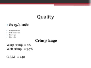 Quality
• 8x15/40x80
• Warp count =8S
• Weft count = 16S
• E.P.I = 40
• P.P.I = 80
Crimp %age
Warp crimp = 6%
Weft crimp = 3.7%
G.S.M = 240
 