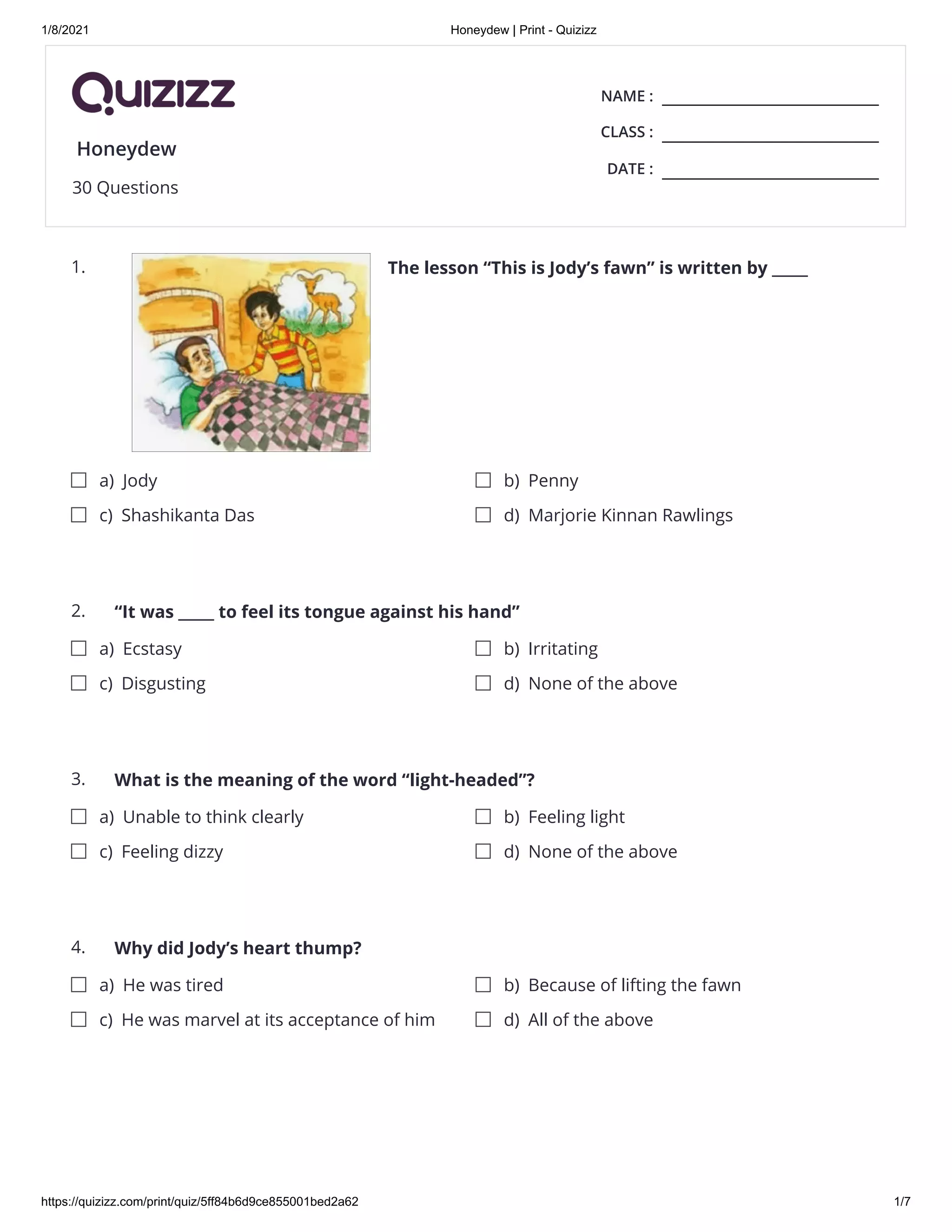 ENGLISH Honeydew (30 Questions with answer) Quizizz PDF