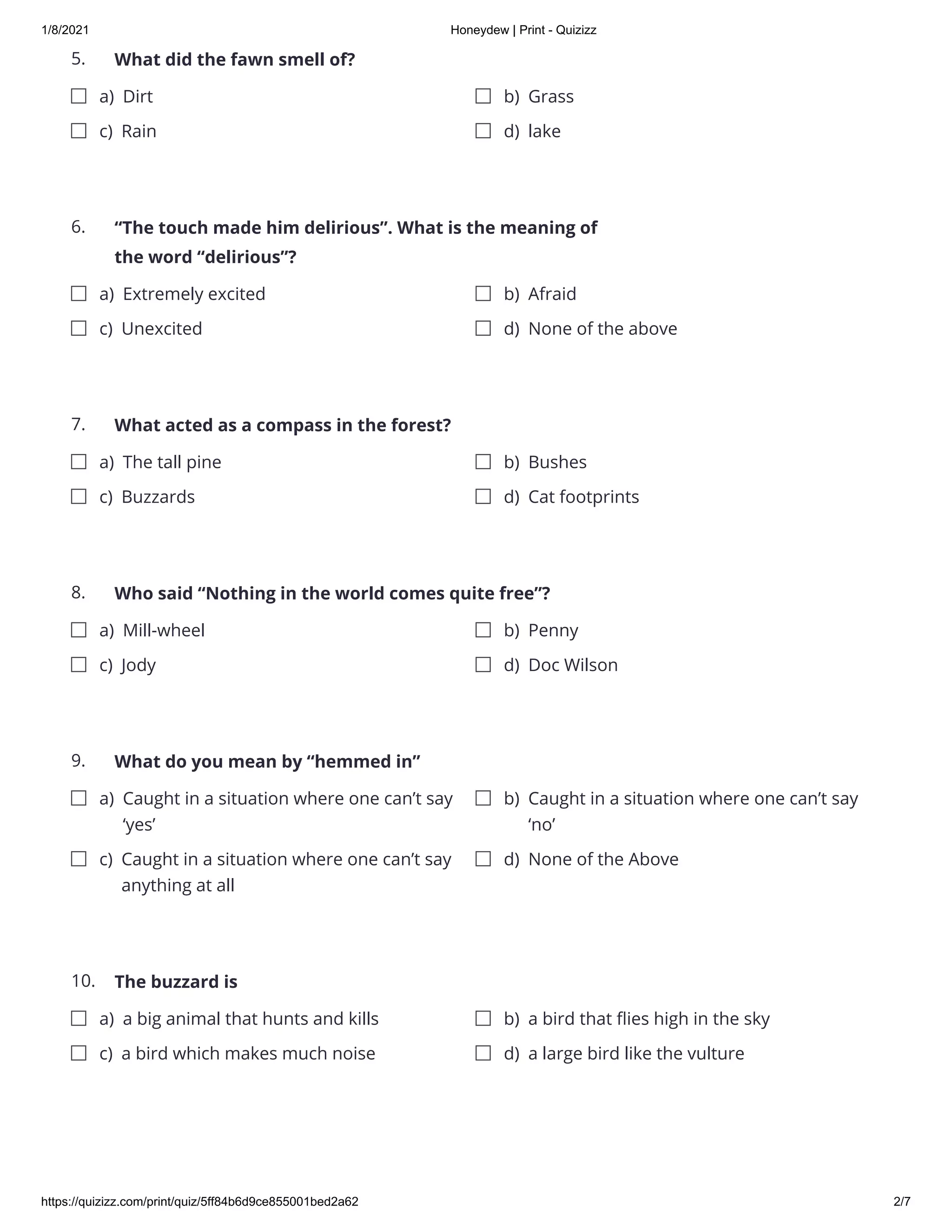 ENGLISH Honeydew (30 Questions with answer) Quizizz PDF