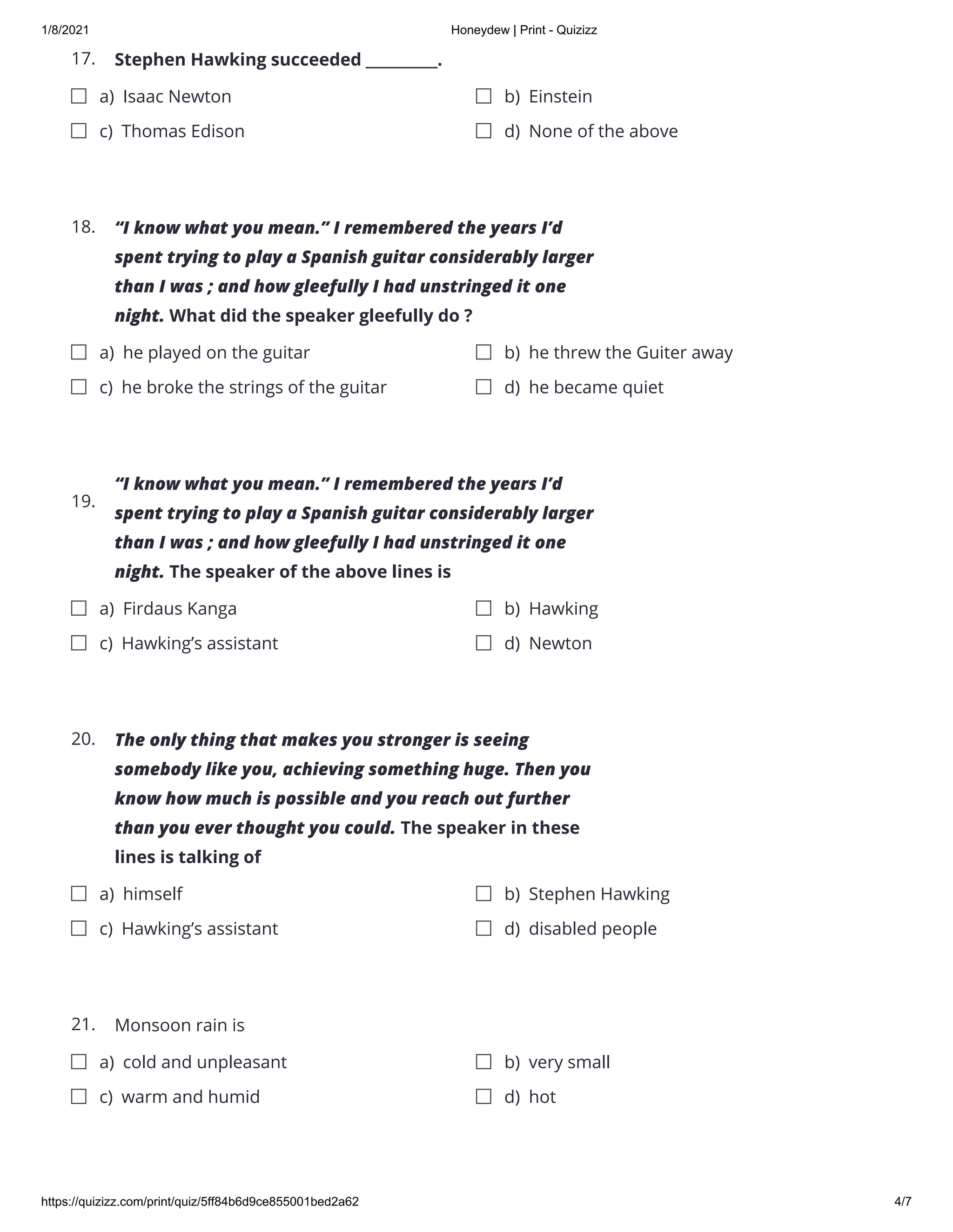 ENGLISH Honeydew (30 Questions with answer) Quizizz PDF