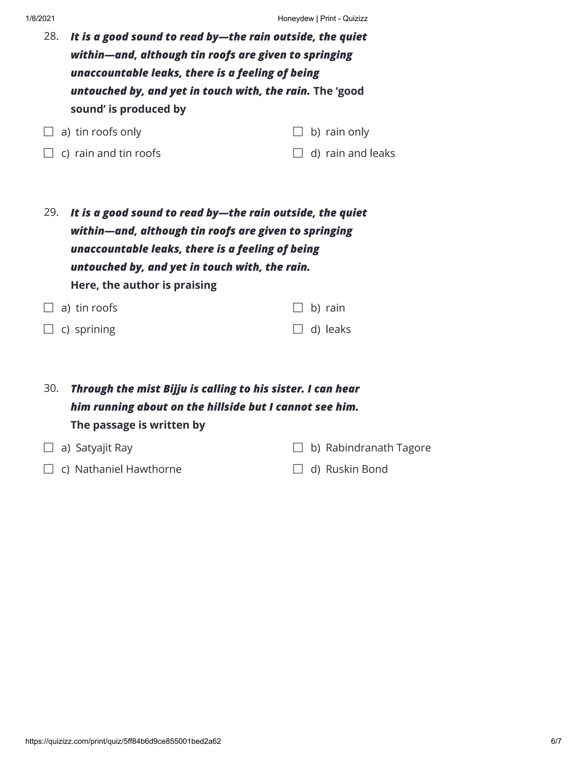 ENGLISH Honeydew (30 Questions with answer) Quizizz PDF