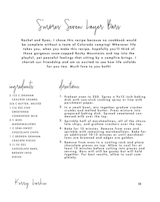 Kerry Larkin
S'mores Seven Layer Bars
53
R a c h e l a n d R y a n , I c h o s e t h i s r e c i p e b e c a u s e n o c o o k b o o k w o u l d
b e c o m p l e t e w i t h o u t a t a s t e o f C o l o r a d o c a m p i n g ! W h e r e v e r l i f e
t a k e s y o u , w h e n y o u m a k e t h i s r e c i p e , h o p e f u l l y y o u ' l l t h i n k o f
t h o s e g o r g e o u s s n o w - c a p p e d R o c k y M o u n t a i n s a n d t a p i n t o t h e
p l a y f u l , y e t p e a c e f u l f e e l i n g s t h a t s i t t i n g b y a c a m p f i r e b r i n g s . I
c h e r i s h o u r f r i e n d s h i p a n d a m s o e x c i t e d t o s e e h o w l i f e u n f o l d s
f o r y o u t w o . M u c h l o v e t o y o u b o t h !
2 1/ 2 C G R A H A M
C R A C K E R C R U M B S
3 /4 C B U T T E R , M E L T E D
1 (1 4 O Z ) C A N
S W E E T E N E D
C O N D E N S E D M I L K
2 C M I N I
M A R S H M A L L O W S
1 C S E M I - S W E E T
C H O C O L A T E C H I P S
1 C B R O K E N G R A H A M
C R A C K E R P I E C E S
2 (1 . 5 5 O Z )
C H O C O L A T E B A R S ,
B R O K E N I N T O
P I E C E S
1. P r e h e a t o v e n t o 3 5 0 . S p r a y a 9 x 13 i n c h b a k i n g
d i s h w i t h n o n - s t i c k c o o k i n g s p r a y o r l i n e w i t h
p a r c h m e n t p a p e r.
2 . I n a s m a l l b o w l , m i x t o g e t h e r g r a h a m c r a c k e r
c r u m b s a n d m e l t e d b u t t e r. P r e s s m i x t u r e i n t o
p r e p a r e d b a k i n g d i s h . S p r e a d s w e e t e n e d c o n -
d e n s e d m i l k o v e r t h e t o p .
3 . S p r i n k l e h a l f o f m a r s h m a l l o w s , a l l o f t h e c h o c o -
l a t e c h i p s , a n d g r a h a m c r a c k e r s o v e r t h e t o p .
4 . B a k e f o r 15 m i n u t e s . R e m o v e f r o m o v e n a n d
s p r i n k l e w i t h r e m a i n i n g m a r s h m a l l o w s . B a k e f o r
a n a d d i t i o n a l 10 - 15 m i n u t e s o r u n t i l m a r s h m a l -
l o w s a r e b r o w n e d a n d e d g e s a r e g o l d e n .
5 . R e m o v e f r o m o v e n t o a c o o l i n g r a c k a n d p l a c e
c h o c o l a t e p i e c e s o n t o p . A l l o w t o c o o l f o r a t
l e a s t 15 m i n u t e s b e f o r e c u t t i n g i n t o p i e c e s a n d
s e r v i n g . B a r s w i l l s t i l l b e g o o e y b u t w i l l h o l d
t o g e t h e r. F o r b e s t r e s u l t s , a l l o w t o c o o l c o m -
p l e t e l y.
ingredients directions
 