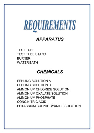APPARATUS 
TEST TUBE 
TEST TUBE STAND 
BURNER 
WATER BATH 
CHEMICALS 
FEHLING SOLUTION A 
FEHLING SOLUTION B 
AMMONIUM CHLORIDE SOLUTION 
AMMONIUM OXALATE SOLUTION 
AMMONIUM PHOSPHATE 
CONC.NITRIC ACID 
POTASSIUM SULPHOCYANIDE SOLUTION 
 
