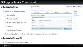 Security. Analytics. Insight.7
git://secviz/davix/
• Install script for all the tools
• apt-installs
• Manual installs
• R and R packages, RStudio
• UI setup
• Hardening of image
• Tool configurations - making tools log into logstash, for example [ to come ]
git://secviz/davix/wiki
• Documentation and user guides
GIT repo - Fork - Contribute!
 