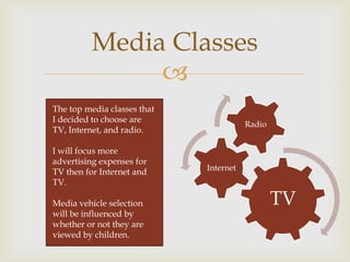 
Media Classes
TV
Internet
Radio
The top media classes that
I decided to choose are
TV, Internet, and radio.
I will focus more
advertising expenses for
TV then for Internet and
TV.
Media vehicle selection
will be influenced by
whether or not they are
viewed by children.
 
