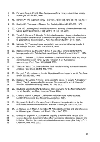 23
17. Persano Oddo L, Piro R: Main European unifloral honeys: descriptive sheets.1
Apidologie 35:S38-S81, 2004.2
18. Doner LW: The sugars of honey - a review. J Sci Food Agric 28:443-456, 1977.3
19. Siddiqui IR: The sugars of honey. Adv Carbohyd Chem 25:285-309, 1970.4
20. Conti ME: Lazio region (Central Italy) honeys: a survey of mineral content and5
typical quality parameters. Food Control 11:459-463, 2000.6
21. Terrab A, Hernanz D, Heredia FJ: Inductively coupled plasma optical emission7
spectrometric determination of minerals in thyme honeys and their contribution8
to geographical discrimination. J Agric Food Chem 52:3441-3445, 2004.9
22. Iskander FY: Trace and minor elements in four commercial honey brands. J.10
Radioanalyt. Nuclear Chem 201:401-408, 1995.11
23. Rodriguez-Otero JL, Paseiro P, Simal J, Cepeda A: Mineral content of the12
honeys produced in Galicia (North-west Spain). Food Chem 49:169-171, 1994.13
24. Golob T, Dobersek U, Kump P, Necemer M: Determination of trace and minor14
elements in Slovenian honey by total reflection X-ray fluorescence15
spectroscopy. Food Chem 91:593-600, 2005.16
25. Yilmaz H, Yavuz O: Content of some trace metals in honey from south-eastern17
Anatolia. Food Chem 65:475-476, 1999.18
26. Bengsch E: Connaissance du miel. Des oligo-éléments pour la santé. Rev franç19
apicult 569:383-386, 1992.20
27. Bogdanov S, Matzke A: Honig - eine natürliche Süsse. In Matzke A, Bogdanov21
S (ed): “Der Schweizerische Bienenvater, Bienenprodukte und Apitherapie.“22
Winikon: Fachschriftenverlag VDRB, pp 7-40, 2003.23
28. Deutsche Gesellschaft für Ernährung: „Referenzwerte für die Nährstoffzufuhr,“24
1st ed. Frankfurt am Main: Umschau/Braus, 2000.25
29. Crane E, Walker P, Day R: “Directory of important world honey sources.”26
London: International Bee Research Association, 1984.27
30. Bogdanov S, Ruoff K, Persano Oddo L: Physico-chemical methods for the28
characterisation of unifloral honeys: a review. Apidologie 35:S4-S17, 2007.29
31. Al-Mamary M, Al-Meeri A, Al-Habori M: Antioxidant activities and total phenolics30
of different types of honey. Nutr Res 22:1041-1047, 2002.31
32. Gheldof N, Engeseth NJ: Antioxidant capacity of honeys from various floral32
sources based on the determination of oxygen radical absorbance capacity and33
inhibition of in vitro lipoprotein oxidation in human serum samples. J Agric Food34
Chem 50:3050-3055, 2002.35
 