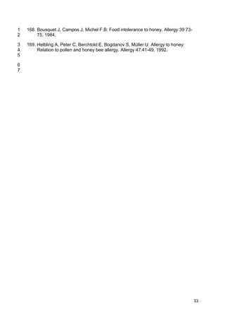 33
168. Bousquet J, Campos J, Michel F.B: Food intolerance to honey. Allergy 39:73-1
75, 1984.2
169. Helbling A, Peter C, Berchtold E, Bogdanov S, Müller U: Allergy to honey:3
Relation to pollen and honey bee allergy. Allergy 47:41-49, 1992.4
5
6
7
 