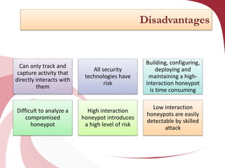 Disadvantages

Can only track and
capture activity that
directly interacts with
them

All security
technologies have
risk

Building, configuring,
deploying and
maintaining a highinteraction honeypot
is time consuming

Difficult to analyze a
compromised
honeypot

High interaction
honeypot introduces
a high level of risk

Low interaction
honeypots are easily
detectable by skilled
attack

 