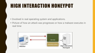 HIGH INTERACTION HONEYPOT
• Involved in real operating system and applications.
• Picture of how an attack was progresses or how a malware executes in
real time
 