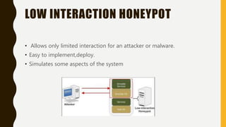 LOW INTERACTION HONEYPOT
• Allows only limited interaction for an attacker or malware.
• Easy to implement,deploy.
• Simulates some aspects of the system
 