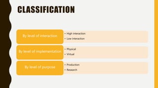 CLASSIFICATION
• High interaction
• Low interaction
By level of interaction
• Physical
• Virtual
By level of implementation
• Production
• Research
By level of purpose
 