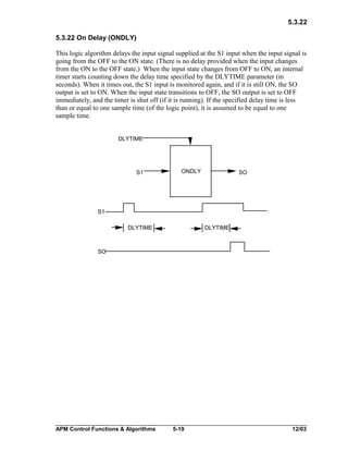 5.3.22
5.3.22 On Delay (ONDLY)
This logic algorithm delays the input signal supplied at the S1 input when the input signal is
going from the OFF to the ON state. (There is no delay provided when the input changes
from the ON to the OFF state.) When the input state changes from OFF to ON, an internal
timer starts counting down the delay time specified by the DLYTIME parameter (in
seconds). When it times out, the S1 input is monitored again, and if it is still ON, the SO
output is set to ON. When the input state transitions to OFF, the SO output is set to OFF
immediately, and the timer is shut off (if it is running). If the specified delay time is less
than or equal to one sample time (of the logic point), it is assumed to be equal to one
sample time.
DLYTIME

S1

ONDLY

SO

S1
DLYTIME

DLYTIME

SO

APM Control Functions & Algorithms

5-19

12/03

 