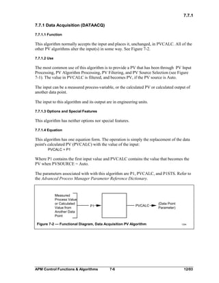 7.7.1
7.7.1 Data Acquisition (DATAACQ)
7.7.1.1 Function

This algorithm normally accepts the input and places it, unchanged, in PVCALC. All of the
other PV algorithms alter the input(s) in some way. See Figure 7-2.
7.7.1.2 Use

The most common use of this algorithm is to provide a PV that has been through PV Input
Processing, PV Algorithm Processing, PV Filtering, and PV Source Selection (see Figure
7-1). The value in PVCALC is filtered, and becomes PV, if the PV source is Auto.
The input can be a measured process-variable, or the calculated PV or calculated output of
another data point.
The input to this algorithm and its output are in engineering units.
7.7.1.3 Options and Special Features

This algorithm has neither options nor special features.
7.7.1.4 Equation

This algorithm has one equation form. The operation is simply the replacement of the data
point's calculated PV (PVCALC) with the value of the input:
PVCALC = P1

Where P1 contains the first input value and PVCALC contains the value that becomes the
PV when PVSOURCE = Auto.
The parameters associated with with this algorithm are P1, PVCALC, and P1STS. Refer to
the Advanced Process Manager Parameter Reference Dictionary.

Measured
Process Value
or Calculated
Value from
Another Data
Point

PVCALC

P1

Figure 7-2 — Functional Diagram, Data Acquisition PV Algorithm

APM Control Functions & Algorithms

7-6

(Data Point
Parameter)

1304

12/03

 