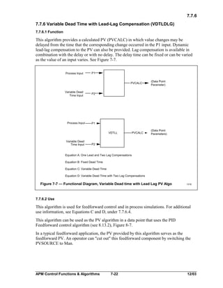 7.7.6
7.7.6 Variable Dead Time with Lead-Lag Compensation (VDTLDLG)
7.7.6.1 Function

This algorithm provides a calculated PV (PVCALC) in which value changes may be
delayed from the time that the corresponding change occurred in the P1 input. Dynamic
lead-lag compensation to the PV can also be provided. Lag compensation is available in
combination with the delay or with no delay. The delay time can be fixed or can be varied
as the value of an input varies. See Figure 7-7.
Process Input

P1
PVCALC

Variable Dead
Time Input

Process Input

P2

P1
VDTLL

Variable Dead
Time Input

(Data Point
Parameter)

PVCALC

(Data Point
Parameters)

P2

Equation A: One Lead and Two Lag Compensations
Equation B: Fixed Dead Time
Equation C: Variable Dead Time
Equation D: Variable Dead Time with Two Lag Compensations

Figure 7-7 — Functional Diagram, Variable Dead time with Lead Lag PV Algo

1316

7.7.6.2 Use

This algorithm is used for feedforward control and in process simulations. For additional
use information, see Equations C and D, under 7.7.6.4.
This algorithm can be used as the PV algorithm in a data point that uses the PID
Feedforward control algorithm (see 8.13.2), Figure 8-7.
In a typical feedforward application, the PV provided by this algorithm serves as the
feedforward PV. An operator can "cut out" this feedforward component by switching the
PVSOURCE to Man.

APM Control Functions & Algorithms

7-22

12/03

 
