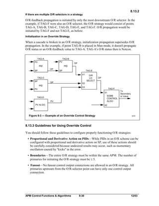 8.13.2
If there are multiple O/R selectors in a strategy

O/R-feedback propagation is initiated by only the most downstream O/R selector. In the
example, if TAG-F were also an O/R selector, the O/R strategy would consist of points
TAG-A, TAG-B, TAG-C, TAG-D, TAG-E, and TAG-F. O/R propagation would be
initiated by TAG-F and not TAG-E, as before.
Initialization in an Override Strategy

When a cascade is broken in an O/R strategy, initialization propagation supersedes O/R
propagation. In the example, if point TAG-B is placed in Man mode, it doesn't propagate
O/R status or an O/R-feedback value to TAG-A. TAG-A's O/R status then is Notcon.
TAG-A
PV

TAG-B
PV

PID
OP

SP

OP
PID
TAG-E

SP
X1

TAG-C
SP

OP
PID

O/R
LO
SELECT

OP

X2
X3

PV

TAG-F
X1
SOME
CONTROL
ALGO.

TAG-D
PV
PV ALGO.

To
Secondary
or Valve

X2

Figure 8-3 — Example of an Override Control Strategy

2070

8.13.3 Guidelines for Using Override Control
You should follow these guidelines to configure properly functioning O/R strategies:
• Proportional and Derivative Action on PIDs—While PIDs in an O/R scheme can be
configured with proportional and derivative action on SP, use of these actions should
be carefully considered because undesired results may occur, such as momentary
oscillation caused by "kicks" in the error.
• Boundaries—The entire O/R strategy must be within the same APM. The number of
primaries for initiating the O/R strategy must be £ 5.
• Fanout—No fanout control output connections are allowed in an O/R strategy. All
primaries upstream from the O/R-selector point can have only one control output
connection.

APM Control Functions & Algorithms

8-30

12/03

 