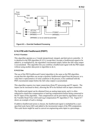 8.14.2
From
Primary

CAS
SPP

PID
CV

AUTO

To
Primary

OP

INITVAL
PTORST
ORFBSEC

X1
X2
X3
X4

CV
Override
SELECTOR

PTORST
ORFBSEC

ORFBSEC is not an external parameter

Figure 8-5 — Override Feedback Processing

1329

8.14.2 PID with Feedforward (PIDFF)
8.14.2.1 Function

This algorithm operates as a 3-mode (proportional, integral, and derivative) controller. It
is identical to the PID algorithm (8.14.1), except that it accepts a feedforward signal to be
added to, or multiplied by, the algorithm's incremental output, before the full-value output
is accumulated. This algorithm lets you combine a feedforward signal with the PID output
without using another data point or algorithm to do it.
8.14.2.2 Use

The use of the PID Feedforward Control algorithm is the same as the PID algorithm,
except that this algorithm can accept a dynamic feedforward signal from the process, or a
value that is representative of some condition in the process, to be combined with the
PID's incremental output before the full-value output is accumulated.
This algorithm requires two input connections (from PV processing and FF inputs). The
inputs can be increased to three, allowing the SP to be fetched with an input connection.
The feedforward signal can be obtained from an analog-input point, and it is often
subjected to dead-time compensation or lead-lag compensation before being connected to
the FF input of this algorithm. That compensation can be provided by algorithms such as
the Variable Dead-Time with Lead-Lag Compensation PV algorithm (7.7.6). Figure 8-7
shows an example of such a strategy.
If additive-feedforward action is chosen, the feedforward signal is multiplied by a userspecified scale factor (KF) and added to the incremental output of the PID computation.
This scale factor might be used to convert an engineering-units input to a percentage.

APM Control Functions & Algorithms

8-45

12/03

 