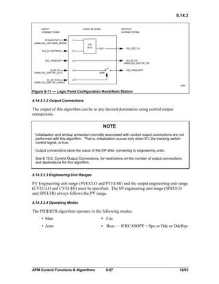 8.14.3
INPUT
CONNECTIONS
DI.MAN.PVFL
(ANALOG_DSP.MAN_MODE)

LOGIC BLOCKS

OUTPUT
CONNECTIONS

L1
OR
ALG

AO_CV.INITREG

L2

PID_PRIM.SP

S01

PID_SEC.S1

L3

AI.SP.PV
(ANALOG_DSP.SP_OUT)

L4

DI_SP.PVFL
(ANALOG_DSP.SP_CHNG)

AO.SP.OP
(ANALOG_DSP.SP_IN)

L5

PID_PRIM.SPP

ENB

2084

Figure 8-11 — Logic Point Configuration Hand/Auto Station
8.14.3.3.2 Output Connections

The output of this algorithm can be to any desired destination using control output
connections.

NOTE
Initialization and windup protection normally associated with control output connections are not
performed with this algorithm. That is, initialization occurs only when S1, the tracking switchcontrol signal, is true.
Output connections store the value of the OP after converting to engineering units.
See 8.10.6, Control Output Connections, for restrictions on the number of output connections
and destinations for this algorithm.
8.14.3.3.3 Engineering Unit Ranges

PV Engineering unit range (PVEULO and PVEUHI) and the output engineering unit range
(CVEULO and CVEUHI) must be specified. The SP engineering unit range (SPEULO
and SPEUHI) always follows the PV range.
8.14.3.3.4 Operating Modes

The PIDERFB algorithm operates in the following modes:
• Man

• Cas

• Auto

• Bcas — If RCASOPT = Spc or Ddc or DdcRsp

APM Control Functions & Algorithms

8-57

12/03

 