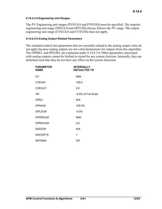 8.14.4
8.14.4.3.8 Engineering Unit Ranges

The PV Engineering unit ranges (PVEULO and PVEUHI) must be specified. The setpoint
engineering unit range (SPEULO and SPEUHI) always follows the PV range. The output
engineering unit range (CVEULO and CVEUHI) does not apply.
8.14.4.3.9 Analog Output Related Parameters

The standard control slot parameters that are normally related to the analog output value do
not apply because analog outputs are not valid destinations for outputs from this algorithm.
The OPHIFL and OPLOFL are explained under 8.14.4.3.4. Other parameters associated
with analog outputs cannot be fetched or stored by any system function. Internally, they are
defaulted such that they do not have any effect on the system functions.
PARAMETER
NAME

INTERNALLY
DEFAULTED TO

CV

NaN

CVEUHI

100.0

CVEULO

0.0

OP

-6.9% of Full Scale

OPEU

N/A

OPHILM

105.0%

OPLOLM

-5.0%

OPROCLM

NaN

OPMCHLM

0.0

SAFEOP

N/A

NOCOPTS

1

INITMAN

Off

APM Control Functions & Algorithms

8-61

12/03

 