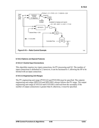 8.14.6

"Wild"
Flow
=6.00
GPM

PVCALC = C1 * P1/P2 = 0.7* 7.143/6.00 = 2.00
P2
P1

Multiplier/
Divider
PV Algorithm

PVAUTO
2.00
PV

PVMAN,
PVSUB

Available for displays and reports
CV = /SP * X2/K1 = 2* 6/0.7 = 17.143

X2
SP

RATIOCTL

Desired Ratio = 2.00

CV

OP
SP
PV

PID

17.143 GPM
Controlled Flow
F

Figure 8-16 — Ratio Control Example

1335

8.14.6.3 Options and Special Features
8.14.6.3.1 Control Input Connections

This algorithm requires two input connections, for PV processing and X2. The number of
input connections is defaulted to 2; however, it can be increased to 3, allowing the SP to be
fetched with an input connection.
8.14.6.3.2 Engineering Unit Ranges

The PV engineering unit range (PVEULO and PVEUHI) must be specified. The setpoint
engineering unit range (SPEULO and SPEUHIU) always follows the PV range. The output
engineering unit range (CVEULO and CVEUHI) is derived from the secondary if the
number of output connections is greater than 0; otherwise, it must be specified.

APM Control Functions & Algorithms

8-68

12/03

 