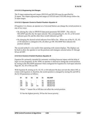 8.14.10
8.14.10.3.2 Engineering Unit Ranges

The X-input engineering unit ranges (XEULO and XEUHI) must be specified for
X-inputs. The output engineering unit ranges (CVEULO and CVEUHI) always follow the
X-input ranges.
8.14.10.3.3 Operator Control of Switch Position--Equation A

If Equation A is chosen, an operator at a Universal Station can change the switch position in
one of two ways:
• By altering the value in SWITCH data-point parameter SELXINP—The value in
SELXINP specifies the Xn input selected. The corresponding S1, S2, S3, or S4 switch
indicator goes On and the other three switch indicators go Off.
• By changing the desired switch indicator from Off to On—When one of the S1, S2, S3,
or S4 indicators is changed to On, all others go Off. SELXINP then indicates the
position selected.
The second method is very useful when operating with custom displays. The displays can
be built to allow the operator to see the positions and strategies selected unless S1 through
S4 are all OFF.
8.14.10.3.4 Control of Switch Positions–Equation B

Equation B is primarily intended for automatic switching between inputs with the help of
logic (or user programs). In the APM, an operator is allowed to change the switch position,
by storing to the SELXINP parameter when configured for Equation B, if all input selection
flags (S1, S2, S3 or S4) are Off.
With Equation B, turning an S1, S2, S3, or S4 indicator On does not turn the others Off, as
it does with Equation A; therefore, the switch position is changed by storing On and Off in
the S1-S4 parameters as follows:
S1

S2

S3

S4

Xn

SELXINP

On
Off
Off
Off

On
Off
Off

On
Off

On

X1
X2
X3
X4

SELECTX1
SELECTX2
SELECTX3
SELECTX4

Where "-" means On or Off does not affect the switch position.
S1 has the highest priority, S4 has the lowest priority.

APM Control Functions & Algorithms

8-96

12/03

 