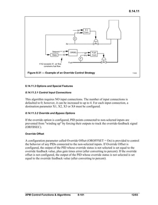 8.14.11

A ir
Cont.

SP
PV
A

Air

Setpoint

X1

Ratio

X2

ORSEL

SP
PV

Fuel
Cont.

F
If X2 exceeds X1, air flow
constrains fuel flow.

Fuel

Figure 8-31 — Example of an Override Control Strategy

11023

8.14.11.3 Options and Special Features
8.14.11.3.1 Control Input Connections

This algorithm requires NO input connections. The number of input connections is
defaulted to 0; however, it can be increased to up to 4. For each input connection, a
destination parameter X1, X2, X3 or X4 must be configured.
8.14.11.3.2 Override and Bypass Options

If the override option is configured, PID points connected to non-selected inputs are
prevented from "winding up" by forcing their outputs to track the override-feedback signal
(ORFBSEC).
Override Offset

A configuration parameter called Override Offset (OROFFSET = On) is provided to control
the behavior of any PIDs connected to the non-selected inputs. If Override Offset is
configured, the output of the PID whose override status is not selected is set equal to the
override feedback value, plus gain times error (after converting to percent). If the override
offset is not configured, the output of the PID whose override status is not selected is set
equal to the override feedback value (after converting to percent).

APM Control Functions & Algorithms

8-101

12/03

 