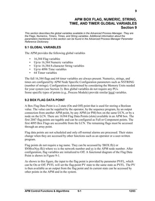 9

APM BOX FLAG, NUMERIC, STRING,
TIME, AND TIMER GLOBAL VARIABLES
Section 9
This section describes the global variables available in the Advanced Process Manager. They are
the Flags, Numerics, Timers, Times, and String variables. Additional information about the
parameters mentioned in this section can be found in the Advanced Process Manager Parameter
Reference Dictionary.

9.1 GLOBAL VARIABLES
The APM provides the following global variables
•
•
•
•
•

16,384 Flag variables
Up to 16,384 Numeric variables
Up to 16,384 8-character String variables
Up to 4096 Time variables
64 Timer variables

The full 16,384 flags and 64 timer variables are always present. Numerics, strings, and
times are configured by APM Node Specific Configuration parameters such as NSTRING
(number of strings). Configuration is determined by considering the Memory Units needed
for your system (see Section 3). Box global variables do not require any PUs.
Some specific types of points (e.g., Process Module) provide similar local variables.
9.2 BOX FLAG DATA POINT
A Box Flag Data Point is a 2-state (On and Off) point that is used for storing a Boolean
value. The value can be supplied by the operator, by the sequence program, by an output
connection from another APM point, by any APM (or PM) box on the same UCN, or by a
node on the LCN. There are 16384 Flag Data Points (slots) available in an APM box. The
first 2047 flag points are tagable and can be configured as Full or Component points. The
first 4095 Box Flags are accessible from the LCN. The remaining flags must be accessed
through an array point.
Flag data points are not scheduled and only off-normal alarms are processed. Their states
change when they are accessed by other functions such as an operator or a user-written
program.
Flag points do not require a tag name. They can be accessed by !BOX.fl(i) or
$NMxxNyy.fl(i) where xx is the network number and yy is the APM node number. After
configuration, flag variables are initialized to Off. A functional diagram of the Flag Data
Point is shown in Figure 9-1.
As shown in this figure, the input to the flag point is provided by parameter PVFL, which
can be On or Off. PVFL will set the flag-point PV state to the same state as PVFL. The PV
is then available as an output from the flag point and its current state can be accessed by
other points in the APM and in the system.

APM Control Functions & Algorithms

9-1

12/03

 