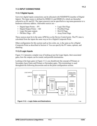 11.3
11.3 INPUT CONNECTIONS
11.3.1 Digital Inputs
Up to two digital inputs connections can be allocated with NODINPTS (number of Digital
Inputs). The input source is defined by DISRC(1) and DISRC(2), which are thereafter
referred to as D1 and D2. The input source(s) can be specified as a tag name.parameter or a
hardware reference address. Allowable sources are—
•
•
•
•

Digital Input Points —PV
Digital Output Points —SO
Logic Slot gate outputs
PM Box Flags —PV

•
•
•
•

Logic Slot Flags
ProcMod Flags
DevCtl Flags
Array Point Flags

These sources must be in the same APM box as the Device Control point. The PV state is
calculated from the inputs the same way as for a Digital Composite Point.
Other configuration for this section such as box color, etc. is the same as for a Digital
Composite Point as described in Section 4. You can specify the PV states, options, and
alarming.
11.3.2 Logic Inputs
Figure 11-2 presents a simpler way of looking at just the Logic Inputs, their associated
gates, how the outputs can be routed, and possible destinations.
Looking at the logic gates in Figure 11-2, you should note the concept of Primary or
Secondary Input Gates and Primary or Secondary gates. This terminology is used
throughout the following discussions and on the point configuration screens.

LOGIC INPUTS
LISRC(1)

PRIMARY SECONDARY
INPUT
INPUT
GATE
GATE
1
1
2
2
3
3
•

INTERLOCKS,
PERMISSIVES,
AND
COMMANDS
PRIMARY
GATES

•
•
•
•
•
PRIMARY • SECONDARY
LISRC(12)
•
INPUT
INPUT
•
GATE
GATE
12

PG1
PG2
PG3
PG4

SOCMD (0)
SOCMD (1)
SOCMD (2)
SECONDARY
GATES
SG1
SG2

12

Figure 11-2 — Logic Gates and Destinations

APM Control Functions & Algorithms

OPCMD

11-3

SI0
I0, I1, I2
P0, P1, P2

11398

12/03

 