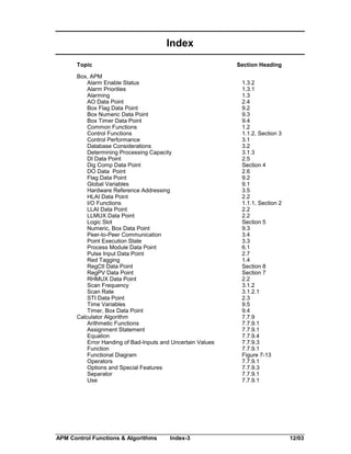 Index
Topic

Section Heading

Box, APM
Alarm Enable Status
Alarm Priorities
Alarming
AO Data Point
Box Flag Data Point
Box Numeric Data Point
Box Timer Data Point
Common Functions
Control Functions
Control Performance
Database Considerations
Determining Processing Capacity
DI Data Point
Dig Comp Data Point
DO Data Point
Flag Data Point
Global Variables
Hardware Reference Addressing
HLAI Data Point
I/O Functions
LLAI Data Point
LLMUX Data Point
Logic Slot
Numeric, Box Data Point
Peer-to-Peer Communication
Point Execution State
Process Module Data Point
Pulse Input Data Point
Red Tagging
RegCtl Data Point
RegPV Data Point
RHMUX Data Point
Scan Frequency
Scan Rate
STI Data Point
Time Variables
Timer, Box Data Point
Calculator Algorithm
Arithmetic Functions
Assignment Statement
Equation
Error Handing of Bad-Inputs and Uncertain Values
Function
Functional Diagram
Operators
Options and Special Features
Separator
Use

APM Control Functions & Algorithms

Index-3

1.3.2
1.3.1
1.3
2.4
9.2
9.3
9.4
1.2
1.1.2, Section 3
3.1
3.2
3.1.3
2.5
Section 4
2.6
9.2
9.1
3.5
2.2
1.1.1, Section 2
2.2
2.2
Section 5
9.3
3.4
3.3
6.1
2.7
1.4
Section 8
Section 7
2.2
3.1.2
3.1.2.1
2.3
9.5
9.4
7.7.9
7.7.9.1
7.7.9.1
7.7.9.4
7.7.9.3
7.7.9.1
Figure 7-13
7.7.9.1
7.7.9.3
7.7.9.1
7.7.9.1

12/03

 