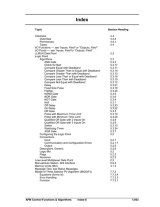Index
Topic

Section Heading

Interlocks
Overrides
Permissives
Types,
I/O Functions — see "Inputs, Field" or "Outputs, Field"
I/O Points — see "Inputs, Field"or "Outputs, Field"
LLMUX Data Point
Logic Point
Algorithms
AND Gate
Check for Bad
Compare Equal with Deadband
Compare Greater Than or Equal with Deadband
Compare Greater Than with Deadband
Compare Less Than or Equal with Deadband
Compare Less Than with Deadband
Compare Not Equal with Deadband
Delay
Fixed Size Pulse
Flipflop
NAND Gate
NOR Gate
NOT Gate
Null
Off Delay
On Delay
OR Gate
Pulse with Maximum Time Limit
Pulse with Minimum Time Limit
Qualified OR Gate with 2 Inputs On
Qualified OR Gate with 3 Inputs On
Switch
Watchdog Timer
XOR Gate
Configuring the Logic Point
Connections
Input
Communication and Configuration Errors
Output
Descriptors, Generic
Logic Mix
Flags
Numerics
Low-Level Multiplexer Data Point
Manual/Auto Station, SDI Interface
Memory Units (MU)
Message Text, see Status Messages
Middle of Three Selector PV Algorithm (MIDOF3)
Equations (forms of)
Error Handling
Function

APM Control Functions & Algorithms

Index-8

4.4
4.4.2
4.4.1
4.4
2.2
5.3
5.3.2
5.3.17
5.3.11
5.3.14
5.3.13
5.3.16
5.3.15
5.3.12
5.3.21
5.3.18
5.3.25
5.3.5
5.3.6
5.3.4
5.3.1
5.3.23
5.3.22
5.3.3
5.3.19
5.3.20
5.3.8
5.3.9
5.3.10
5.3.24
5.3.7
5.2
5.2.1
5.2.1.1
5.2.5
5.2.6
5.2
5.2.2
5.2.3
2.2
2.9.2
3.1.3
7.7.3
7.7.3.4
7.7.3.3
7.7.3.1

12/03

 