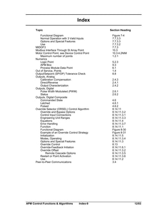 Index
Topic

Section Heading

Functional Diagram
Normal Operation with 3 Valid Inputs
Options and Special Features
Use
MIDOF3
Modbus Interface Through SI Array Point
Motor Control Point, see Device Control Point
Maximum number of points
Numerics
Logic Point
APM Box
Process Module Data Point
Out of Service, Points
Output/Setpoint (SP/OP) Tolerance Check
Outputs, Analog
Calibration Compensation
Direct/Reverse
Output Characterization
Outputs, Digital
Pulse Width Modulated (PWM)
Status
Outputs, Digital Composite
Commanded State
Latched
Pulsed
Override Selector (ORSEL) Control Algorithm
Override and Bypass Options
Control Input Connections
Engineering Unit Ranges
Equations
Error Handling
Function
Functional Diagram
Example of an Override Control Strategy
Initialization
Modes, Operating
Options and Special Features
Override Control
Override-Feedback Initiation
Override Offset
Remote Cascade Options
Restart or Point Activation
Use
Peer-to-Peer Communications

APM Control Functions & Algorithms

Index-9

Figure 7-4
7.7.3.3
7.7.3.3
7.7.3.2
7.7.3
10.3
10.3.4.2NIM
1.2.1
5.2.3
9.3
6.1
1.4
8.8
2.4.3
2.4.1
2.4.2
2.6.1
2.6.2
4.6
4.6.1
4.6.2
8.14.11
8.14.11.3.2
8.14.11.3.1
8.14.11.3.3
8.14.11.4
8.14.11.3.7
8.14.11.1
Figure 8-30
Figure 8-31
8.14.11.5
8.14.11.3.4
8.14.11.3
8.13
8.14.11.6.1
8.14.11.3.2
8.14.11.3.5
8.14.11.3.6
8.14.11.2
3.4

12/03

 
