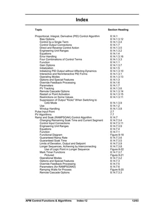 Index
Topic

Section Heading

Proportional, Integral, Derivative (PID) Control Algorithm
Bias Options
Control by a Single Term
Control Output Connections
Direct and Reverse Control Action
Engineering Unit Ranges
Equations
Error Handling
Four Combinations of Control Terms
Function
Gain Options
Initialization
Initializing PID Output without Affecting Dynamics
Interactive and Noninteractive PID Forms
Operating Modes
Options and Special Features
Override Feedback Processing
Parameters
PV Tracking
Remote Cascade Options
Restart or Point Activation
Restrictions on Some Values
Suppression of Output "Kicks" When Switching to
CAS Mode
Use
Windup Handling
Pulse Input Point
PV Algorithms
Ramp and Soak (RAMPSOAK) Control Algorithm
Changing Remaining Soak Time and Current Segment
Control Input Connections
Engineering Unit Ranges
Equations
Function
Functional Diagram
Guaranteed Ramp Rate
Guaranteed Soak Time
Limits of Deviation, Output and Setpoint
Longer Sequences, Achieving by Interconnecting
Use of Logic Point in Longer Sequence
Mark Timer Functions
Pictured
Operational Modes
Options and Special Features
Override Feedback Processing
Parameters (for RAMPSOAK0)
Ramping Waits for Process
Remote Cascade Options

APM Control Functions & Algorithms

Index-12

8.14.1
8.14.1.3.12
8.14.1.3.4
8.14.1.7
8.14.1.3.5
8.14.1.3.2
8.14.1.4
8.14.1.3.16
8.14.1.3.3
8.14.1.1
8.14.1.3.7
8.14.1.5
8.14.1.3.10
8.14.1.3.1
8.14.1.3.13
8.14.1.3
8.14.1.6
8.14.1.7
8.14.1.3.6
8.14.1.3.14
8.14.1.3.15
8.14.1.3.11
8.14.1.3.9
8.14.1.2
8.14.1.3.8
2.7
7.7
8.14.7
8.14.7.3.4
8.14.7.3.11
8.14.7.3.9
8.14.7.4
8.14.7.1
Figure 8-18
8.14.7.3.6
8.14.7.3.5
8.14.7.3.9
8.14.7.3.8
Figure 8-22
8.14.7.3.7
Figure 8-21
8.14.7.3.2
8.14.7.3
8.14.7.5
8.14.7.6
Figure 8-20
8.14.7.3.3

12/03

 