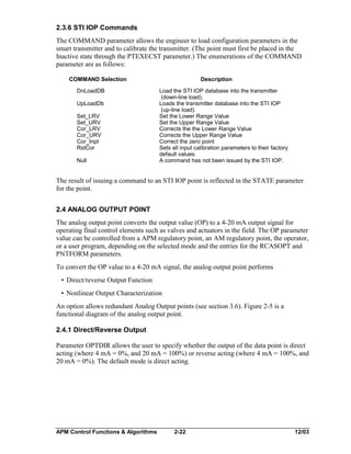 2.3.6 STI IOP Commands
The COMMAND parameter allows the engineer to load configuration parameters in the
smart transmitter and to calibrate the transmitter. (The point must first be placed in the
Inactive state through the PTEXECST parameter.) The enumerations of the COMMAND
parameter are as follows:
COMMAND Selection
DnLoadDB
UpLoadDb
Set_LRV
Set_URV
Cor_LRV
Cor_URV
Cor_Inpt
RstCor
Null

Description
Load the STI IOP database into the transmitter
(down-line load).
Loads the transmitter database into the STI IOP
(up-line load).
Set the Lower Range Value
Set the Upper Range Value
Corrects the the Lower Range Value
Corrects the Upper Range Value
Correct the zero point
Sets all input calibration parameters to their factory
default values.
A command has not been issued by the STI IOP.

The result of issuing a command to an STI IOP point is reflected in the STATE parameter
for the point.
2.4 ANALOG OUTPUT POINT
The analog output point converts the output value (OP) to a 4-20 mA output signal for
operating final control elements such as valves and actuators in the field. The OP parameter
value can be controlled from a APM regulatory point, an AM regulatory point, the operator,
or a user program, depending on the selected mode and the entries for the RCASOPT and
PNTFORM parameters.
To convert the OP value to a 4-20 mA signal, the analog output point performs
• Direct/reverse Output Function
• Nonlinear Output Characterization
An option allows redundant Analog Output points (see section 3.6). Figure 2-5 is a
functional diagram of the analog output point.
2.4.1 Direct/Reverse Output
Parameter OPTDIR allows the user to specify whether the output of the data point is direct
acting (where 4 mA = 0%, and 20 mA = 100%) or reverse acting (where 4 mA = 100%, and
20 mA = 0%). The default mode is direct acting.

APM Control Functions & Algorithms

2-22

12/03

 