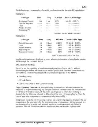 3.1.3
The following are two examples of possible configurations that show the PU calculations.
Example 1:
Slot Type
Regulatory Control
Digital Composite
Logic
Process Module
Regulatory PV

Slots

Freq

PUs/Slot

160
-------------

1 sec
-------------

1 PU
-------------

Total PUs/Slot Type
160 X1 = 160 PU
-------------------------------------

Total PUs for this APM = 160 PUs
Example 2:
Slot Type
Digital Composite
Logic
Process Module
Regulatory PV
Regulatory Control

Slots

Freq

PUs/Slot

Total PUs/Slot Type

50
10
10
10
30

1/4 sec
1/4 sec
1 sec
1/2 sec
1/2 sec

0.4 PU
4 PU
2 PU
2 PU
2 PU

50 X 0.4 = 20 PUs
10 X 4 = 40 PUs
10 X 2 = 20 PUs
10 X 2 = 20 PUs
30 X 2 = 60 PUs

Total PUs for this APM = 160 PUs
Invalid configurations are displayed as errors when the information is being loaded into the
APM through the Universal Station.
3.1.3.1 Overrun Handling

The APM has the capability to handle most configurations of up to 160 PU without
encountering an overrun. Overruns occur when a specific task cannot be completed in the
allowed time. The following three kinds of overruns are possible in the APMM.
• Point Processing
• I/O Link Access
• UCN Access (Peer-to-Peer Communication)
Point Processing Overrun—A point processing overrun occurs when the slots that are
scheduled to be processed during any subcycle cannot be finished within the allocated time
of 125 msec. When this occurs, all the points are processed to completion (nothing is
aborted), but the following subcycle is delayed until the next 125 msec subcycle. Also, the
current hour point processing-overrun counter is incremented by 1.
The primary cause of point processing overruns are several long sequence programs that are
processing on the same subcycle. If a point processing overrun occurs for four seconds in a
row (on any subcycle within each second), a point processing-overload soft failure is
generated. The soft failure is reset when an overrun does not occur for eight seconds.

APM Control Functions & Algorithms

3-6

12/03

 