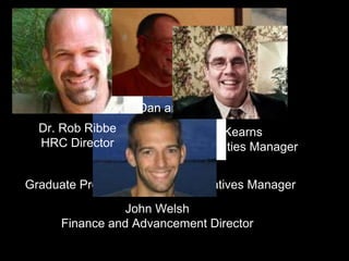 Dr. Muhia Karianjahi
Graduate Program and Global Initiatives Manager
Don Kearns
Site & Facilities Manager
John Welsh
Finance and Advancement Director
Dr. Rob Ribbe
HRC Director
Dan and Terri Jozwiak
 