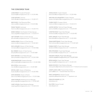 35HONEYSTONE
THE CONCIERGE TEAM
LAURA BRADY, Founder  President
laura.brady@conciergeauctions.com // 212.257.4943
CHAD ROFFERS, Chairman
chad.roffers@conciergeauctions.com // 212.257.5171
MIKE RUSSO, Chief Operating Officer
mike.russo@conciergeauctions.com // 212.257.4856
FRANK TRUNZO, Auctioneer
frank.trunzo@conciergeauctions.com // 212.257.5176
MARIO VARGAS, Vice President of Client Services
mario.vargas@conciergeauctions.com // 212.257.5177
JEFF CASTNER, Director of Client Services
jeff.castner@conciergeauctions.com // 212.257.5014
SARENA IRWIN, Director of Client Services
sarena.irwin@conciergeauctions.com // 212.257.5017
NICK LEONARD, Director of Client Services
nick.leonard@conciergeauctions.com // 212.257.5066
BILL PARKER, Director of Client Services
bill.parker@conciergeauctions.com // 212.257.5069
KEITH WINTERS, Social Media Manager
keith.winters@conciergeauctions.com // 212.257.5238
ADAM BRADSHAW, Database Manager
adam.bradshaw@conciergeauctions.com // 212.257.4928
RITA CRITELLI, Administration
rita.critelli@conciergeauctions.com // 212.257.4857
KRYSTAL AEBY, Director of Marketing
krystal.aeby@conciergeauctions.com // 212.257.4925
KATIE MCMAINS, Director of Events
katie.mcmains@conciergeauctions.com // 212.257.5068
JENNY MORGAN, Marketing Account Manager
jenny.morgan@conciergeauctions.com // 212.257.5297
CASEY HOGAN, Digital Marketing Manager
casey.hogan@conciergeauctions.com // 212.257.5170
JESSICA BLOCK, Graphic Designer
jessica.block@conciergeauctions.com // 212.257.4926
AMYLYNN HOLLINGSWORTH, Graphic Designer
amylynn.hollingsworth@conciergeauctions.com // 212.257.5016
CHARLIE SMITH, European Advisor
charlie.smith@conciergeauctions.com // 212.257.5173
JACOB CANTELE, Technical Project Manager
jacob.cantele@conciergeauctions.com // 212.257.5013
CHRISTINE BOSS, Project Sales Manager
christine.boss@conciergeauctions.com // 212.257.4927
KATIE LAWLESS, Project Sales Manager
katie.lawless@conciergeauctions.com // 212.257.5018
FRANK MARTORANO, Project Sales Manager
frank.martorano@conciergeauctions.com // 212.257.5237
DANIELE SMITH, Project Sales Manager
daniele.smith@conciergeauctions.com // 212.257.5174
ERIN STRUXNESS, Project Sales Manager
erin.struxness@conciergeauctions.com // 212.257.5175
ORLANDO VARGAS, Project Sales Manager
orlando.vargas@conciergeauctions.com // 212.257.5239
BRYAN WARGA, Project Sales Manager
bryan.warga@conciergeauctions.com // 212.257.5178
MARIA PACHECO, Public Relations Manager
maria.pacheco@portland-communications.com // Portland Communications
JOSEPH (JOSH) LORD, Financial Client Advisor
josh.lord@db.com // Deutsche Bank Securities, Inc.
NINO CAPOBIANCO, General Counsel
acapobianco@capobiancolaw.com // Capobianco Law
PERELSON WEINER LLP, CPA
www.pwcpa.com
DLA PIPER, General Counsel
www.dlapiper.com
 