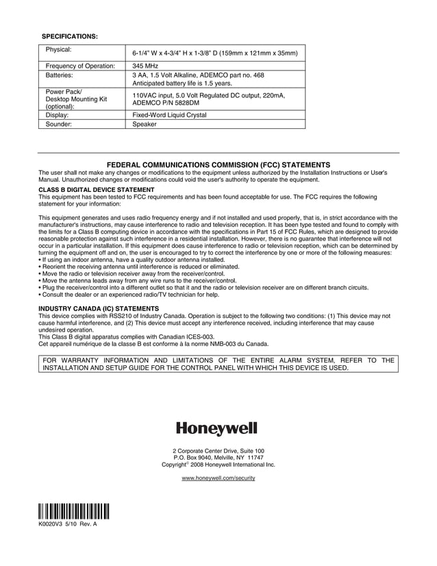 Honeywell 5828-and-honeywell-5828v-install-guide | PDF