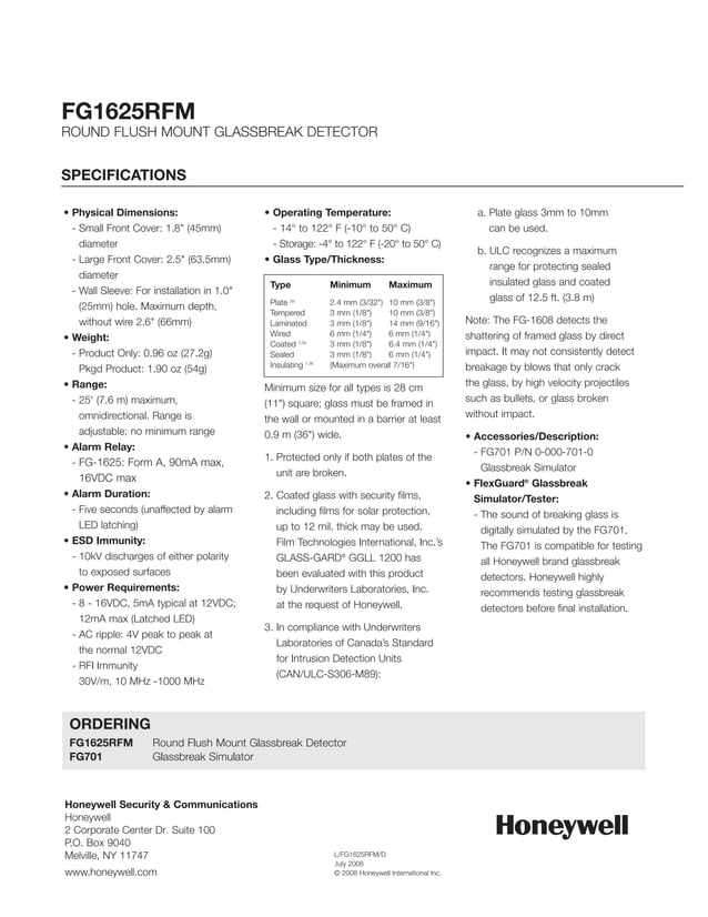Honeywell fg1625rfmdatasheet