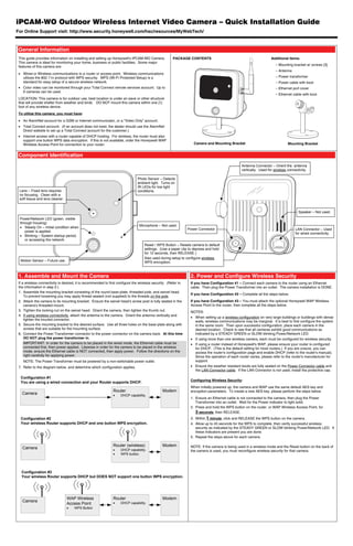 iPCAM-WO Outdoor Wireless Internet Video Camera – Quick Installation Guide
For Online Support visit: http://www.security.honeywell.com/hsc/resources/MyWebTech/



 General Information
 This guide provides information on installing and setting up Honeywell's iPCAM-WO Camera.            PACKAGE CONTENTS                                              Additional items:
 This camera is ideal for monitoring your home, business or public facilities. Some major
                                                                                                                                                                       – Mounting bracket w/ screws [3]
 features of this camera are:
                                                                                                                                                                       – Antenna
  Wired or Wireless communications to a router or access point. Wireless communications
   utilizes the 802.11n protocol with WPS security. WPS (Wi-Fi Protected Setup) is a                                                                                   – Power transformer
   standard for easy setup of a secure wireless network.                                                                                                               – Power cable with boot
  Color video can be monitored through your Total Connect remote services account. Up to                                                                              – Ethernet port cover
   6 cameras can be used.
                                                                                                                                                                       – Ethernet cable with boot
 LOCATION: This camera is for outdoor use, best location is under an eave or other structure
 that will provide shelter from weather and birds. DO NOT mount this camera within one [1]
 foot of any wireless device.
 To utilize this camera, you must have:
  An AlarmNet account for a GSM or Internet communicator, or a “Video Only” account.
  Total Connect account. (If an account does not exist, the dealer should use the AlarmNet
   Direct website to set up a Total Connect account for the customer.)
  Internet access with a router capable of DHCP hosting. For wireless, the router must also
   support one button WPS data encryption. If this is not available, order the Honeywell WAP
   Wireless Access Point for connection to your router.                                                            Camera and Mounting Bracket                                 Mounting Bracket


 Component Identification
                                                                                                                                                 Antenna Connector – Orient the antenna
                                                                                                                                                 vertically. Used for wireless connectivity.

                                                                               Photo Sensor – Detects
                                                                               ambient light. Turns on
                                                                               IR LEDs for low light
 Lens – Fixed lens requires                                                    conditions.
 no focusing. Clean with a
 soft tissue and lens cleaner.


                                                                                                                                                                                      Speaker – Not used.
  Power/Network LED (green, visible
  through housing)
                                                                                Microphone – Not used.
   Steady On – Initial condition when
                                                                                                                Power Connector                                                     LAN Connector – Used
     power is applied.
                                                                                                                                                                                    for wired connectivity.
   Blinking – System startup period,
     or accessing the network.
                                                                                   Reset / WPS Button – Resets camera to default
                                                                                   settings. (Use a paper clip to depress and hold
                                                                                   for 12 seconds, then RELEASE.)
                                                                                   Also used during setup to configure wireless
  Motion Sensor – Future use.                                                      WPS encryption.



 1. Assemble and Mount the Camera                                                                                2. Power and Configure Wireless Security
 If a wireless connectivity is desired, it is recommended to first configure the wireless security. (Refer to    If you have Configuration #1 – Connect each camera to the router using an Ethernet
 the information in step 2.)                                                                                     cable. Then plug the Power Transformer into an outlet. The camera installation is DONE.
 1. Assemble the mounting bracket consisting of the round base plate, threaded pole, and swivel head.
                                                                                                                 If you have Configuration #2 – Complete all the steps below.
     To prevent loosening you may apply thread sealant (not supplied) to the threads on the pole.
 2. Attach the camera to its mounting bracket. Ensure the swivel head’s screw post is fully seated in the        If you have Configuration #3 – You must attach the optional Honeywell WAP Wireless
     camera's threaded mount.                                                                                    Access Point to the router, then complete all the steps below.
 3. Tighten the locking nut on the swivel head. Orient the camera, then tighten the thumb nut.                   NOTES:
 4. If using wireless connectivity, attach the antenna to the camera. Orient the antenna vertically and
                                                                                                                  When setting up a wireless configuration on very large buildings or buildings with dense
     tighten the knurled connector.
                                                                                                                   walls, wireless communications may be marginal. It is best to first configure the system
 5. Secure the mounting bracket to the desired surface. Use all three holes on the base plate along with           in the same room. Then upon successful configuration, place each camera in the
     screws that are suitable for the mounting surface.                                                            desired location. Check to see that all cameras exhibit good communications as
 6. Connect the Power Transformer connector to the power connector on the camera back. At this time                indicated by a STEADY GREEN or SLOW blinking Power/Network LED.
     DO NOT plug the power transformer in.                                                                        If using more than one wireless camera, each must be configured for wireless security.
     IMPORTANT: In order for the camera to be placed in the wired mode, the Ethernet cable must be                If using a router instead of Honeywell's WAP, please ensure your router is configured
     connected first, then power applied. Likewise in order for the camera to be placed in the wireless            for DHCP. (This is the default setting for most routers.) If you are unsure, you can
     mode, ensure the Ethernet cable is NOT connected, then apply power. Follow the directions on the              access the router's configuration page and enable DHCP (refer to the router's manual).
     right carefully for applying power.                                                                           Since the operation of each router varies, please refer to the router's manufacturer for
    NOTE: The Power Transformer must be powered by a non-switchable power outlet.                                  support.
 7. Refer to the diagram below, and determine which configuration applies.                                        Ensure the weather resistant boots are fully seated on the Power Connector cable and
                                                                                                                   the LAN Connector cable. If the LAN Connector is not used, install the protective cap.

  Configuration #1
                                                                                                                 Configuring Wireless Security:
  You are using a wired connection and your Router supports DHCP.
                                                                                                                 When initially powered up, the camera and WAP use the same default AES key and
                                                               Router                          Modem             encryption parameters. To create a new AES key, please perform the steps below.
   Camera                                                           DHCP capability.
                                                                                                                 1. Ensure an Ethernet cable is not connected to the camera, then plug the Power
                                                                                                                    Transformer into an outlet. Wait for the Power indicator to light solid.
                                                                                                                 2. Press and hold the WPS button on the router, or WAP Wireless Access Point, for
                                                                                                                    3 seconds, then RELEASE.
  Configuration #2                                                                                               3. Within 1 minute, click and RELEASE the WPS button on the camera.
  Your wireless Router supports DHCP and one button WPS encryption.                                              4. Allow up to 45 seconds for the WPS to complete, then verify successful wireless
                                                                                                                    security as indicated by the STEADY GREEN or SLOW blinking Power/Network LED. If
                                                                                                                    these indicators are present you are done.
                                                                                                                 5. Repeat the steps above for each camera.

                                                               Router (wireless)               Modem             NOTE: If the camera is being used in a wireless mode and the Reset button on the back of
   Camera                                                           DHCP capability.                             the camera is used, you must reconfigure wireless security for that camera.
                                                                    WPS button.




   Configuration #3
   Your wireless Router supports DHCP but DOES NOT support one button WPS encryption.




                                 WAP Wireless                  Router                          Modem
   Camera
                                 Access Point                       DHCP capability.
                                     WPS Button
 