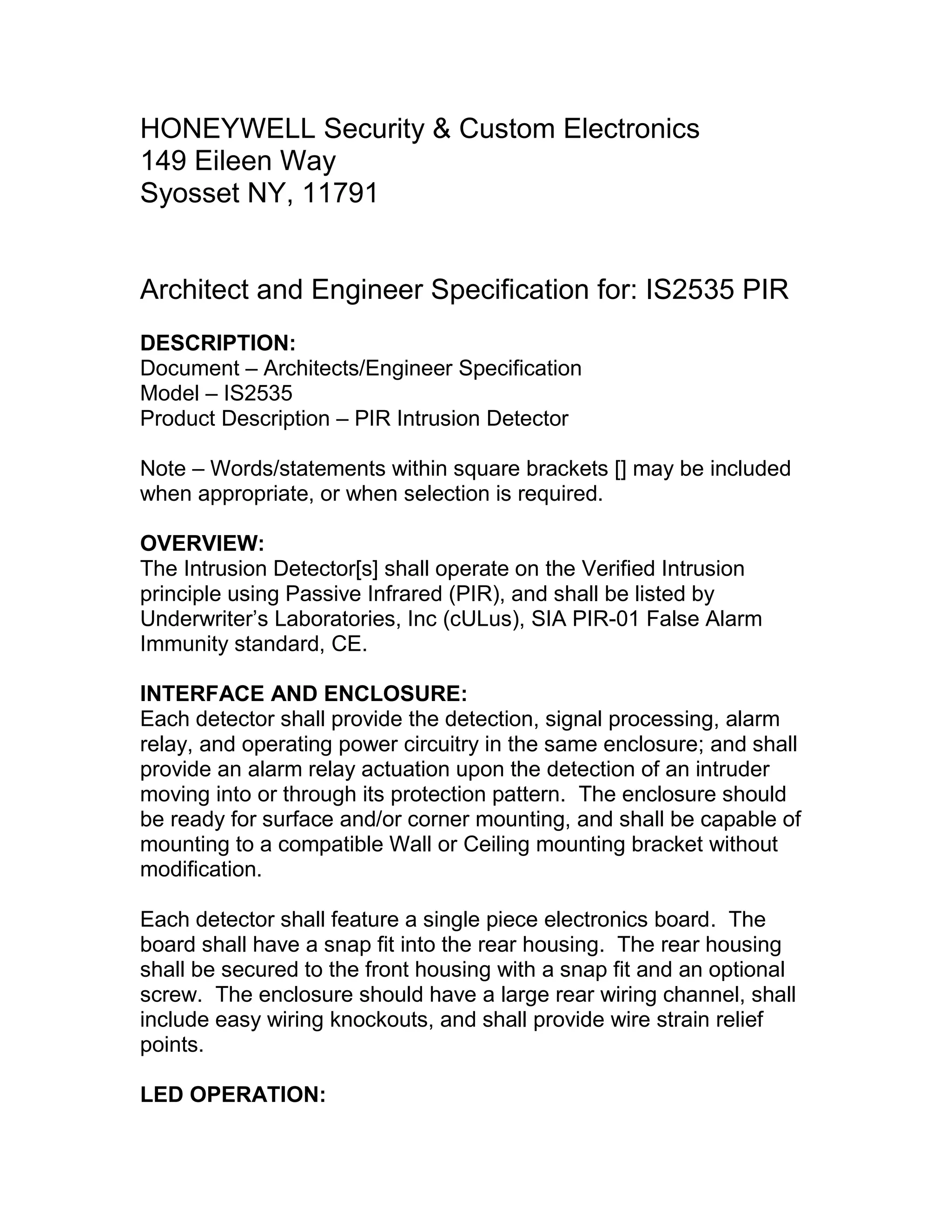 Honeywell is2535specsheet PDF