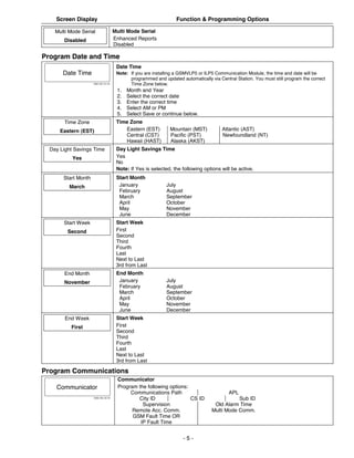 Screen Display                                                  Function & Programming Options

    Multi Mode Serial                  Multi Mode Serial
       Disabled                        Enhanced Reports
                                       Disabled

Program Date and Time
                                        Date Time
       Date Time                        Note: If you are installing a GSMVLP5 or ILP5 Communication Module, the time and date will be
                                              programmed and updated automatically via Central Station. You must still program the correct
                     5000-100-131-V0          Time Zone below.
                                        1.   Month and Year
                                        2.   Select the correct date
                                        3.   Enter the correct time
                                        4.   Select AM or PM
                                        5.   Select Save or continue below.
        Time Zone                       Time Zone
      Eastern (EST)                        Eastern (EST)         Mountain (MST)          Atlantic (AST)
                                           Central (CST)         Pacific (PST)           Newfoundland (NT)
                                           Hawaii (HAST)         Alaska (AKST)
  Day Light Savings Time                Day Light Savings Time
           Yes                          Yes
                                        No
                                        Note: If Yes is selected, the following options will be active.
       Start Month                      Start Month
          March                          January               July
                                         February              August
                                         March                 September
                                         April                 October
                                         May                   November
                                         June                  December
       Start Week                       Start Week
         Second                         First
                                        Second
                                        Third
                                        Fourth
                                        Last
                                        Next to Last
                                        3rd from Last
       End Month                        End Month
       November                          January               July
                                         February              August
                                         March                 September
                                         April                 October
                                         May                   November
                                         June                  December
        End Week                        Start Week
          First                         First
                                        Second
                                        Third
                                        Fourth
                                        Last
                                        Next to Last
                                        3rd from Last

Program Communications
                                         Communicator
    Communicator                         Program the following options:
                                              Communications Path                           APL
                     5000-100-132-V0
                                                 City ID                CS ID                  Sub ID
                                                   Supervision                       Old Alarm Time
                                               Remote Acc. Comm.                    Multi Mode Comm.
                                               GSM Fault Time OR
                                                  IP Fault Time


                                                                       -5-
 