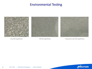 21	
   |	
  	
  	
  	
  	
  ©2014	
  Micron	
  Technology,	
  Inc.	
  	
  	
  	
  	
  |	
  	
  	
  	
  Micron	
  Conﬁden:al	
  	
  
Environmental	
  Tes:ng	
  
April	
  7,	
  2016	
  
Drop	
  50X	
  magniﬁca:on	
   THB	
  50X	
  magniﬁca:on	
   Temperature	
  cycle	
  50X	
  magniﬁca:on	
  
 