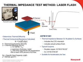 © 2015 by Honeywell International Inc. All rights reserved.
Additional Disclaimers As Needed (Consult Legal)
THERMAL IMPEDANCE TEST METHOD: LASER FLASH
ASTM E1461
•  Thermal Impedance Between Si, Ni-plated Cu Surfaces
-  Includes the CTE mismatch
-  includes actual surface finish
•  Typical Coupons:
-  Ni-plate copper, 0.5”X0.5”X0.03”
-  Si, 0.5”X0.5”X0.02”
•  Suitable for Accelerated Life Test
Die
TIM
Spreader
Flash
IR Sensor
Time
Temperature
Laser Pulse
Netzsch Laser Flash™
k = (α)(Cp)(ρ)
k = Thermal Conductivity (W/cmK)
α = Thermal Diffusivity (cm2/s)
α =0.13879L2 /t1/2
L=specimen thickness, meter
t1/2=the time required for the temperature
rise to reach 50% percent of ΔTmax
Cp = Specific Heat Capacity (J/gK)
ρ = Density (g/cm3)
• Determines Thermal Diffusivity
• Thermal Conductivity/Resistance Calculated
 