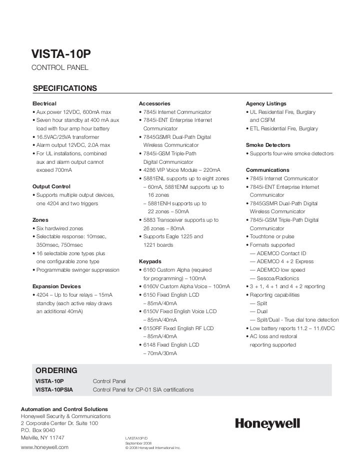 Honeywell Vista 10P Datasheet