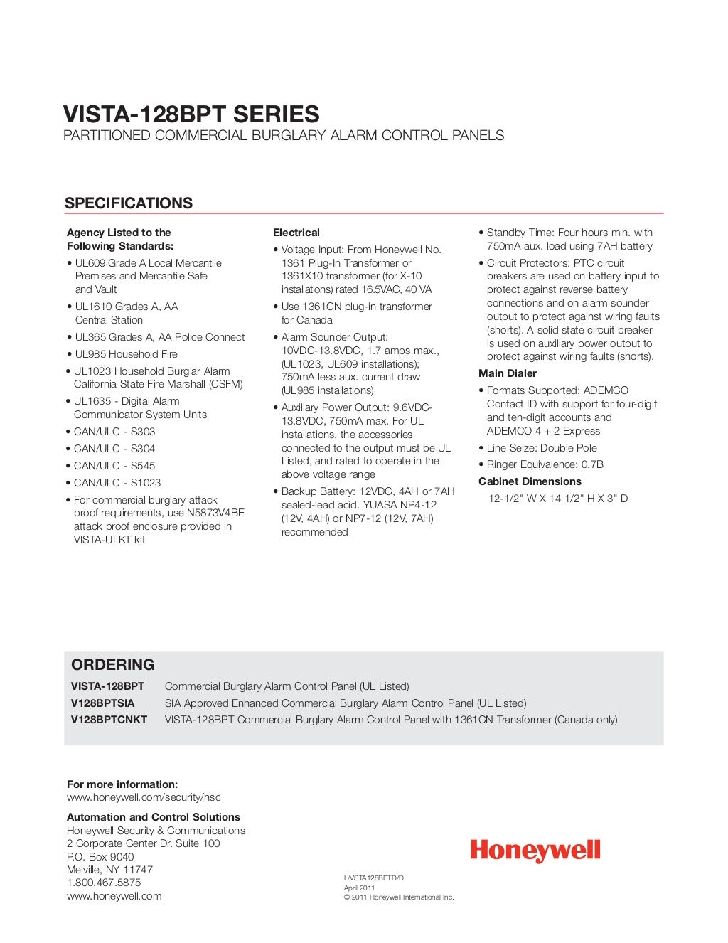 Honeywell Vista 128BPT Datasheet
