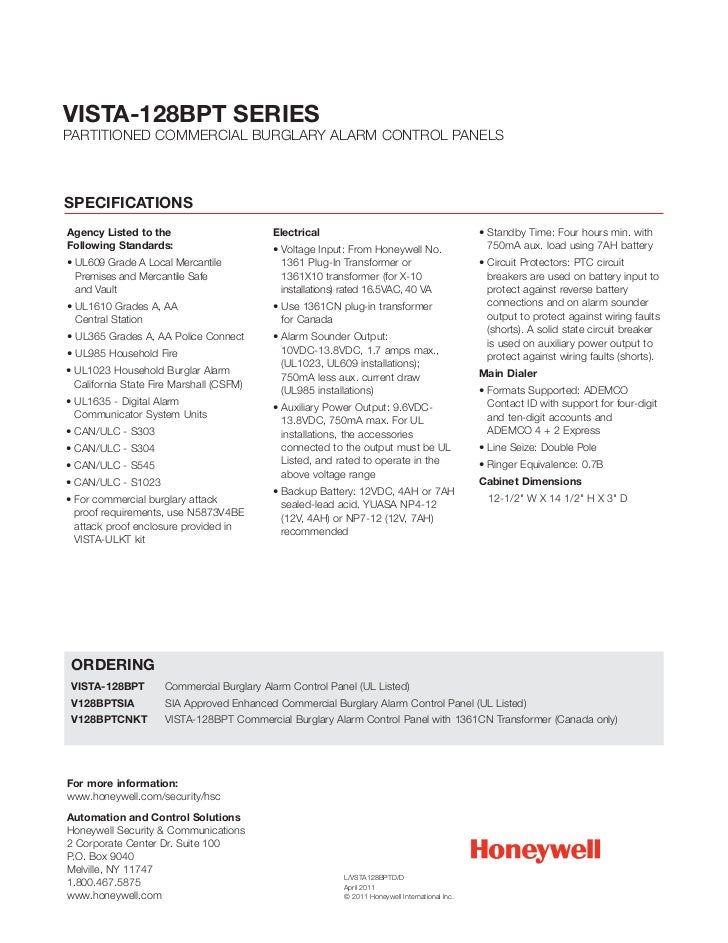 Honeywell Vista 128BPT Datasheet